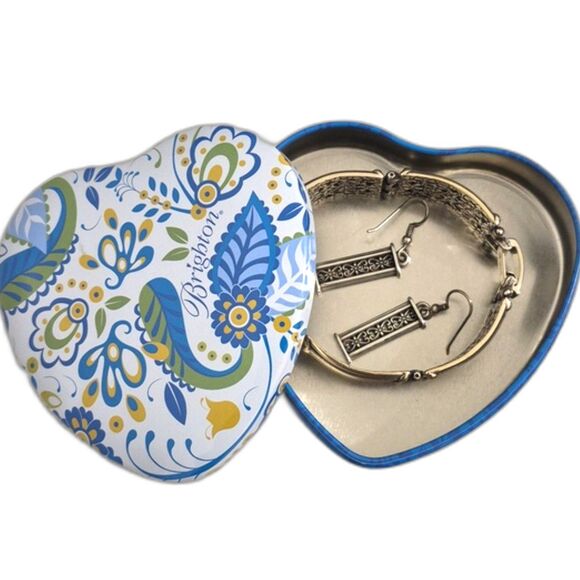 Vintage Brighton Heart Wide Link Bracelet Filigree Earrings Heart Trinket Box - Picture 11 of 13